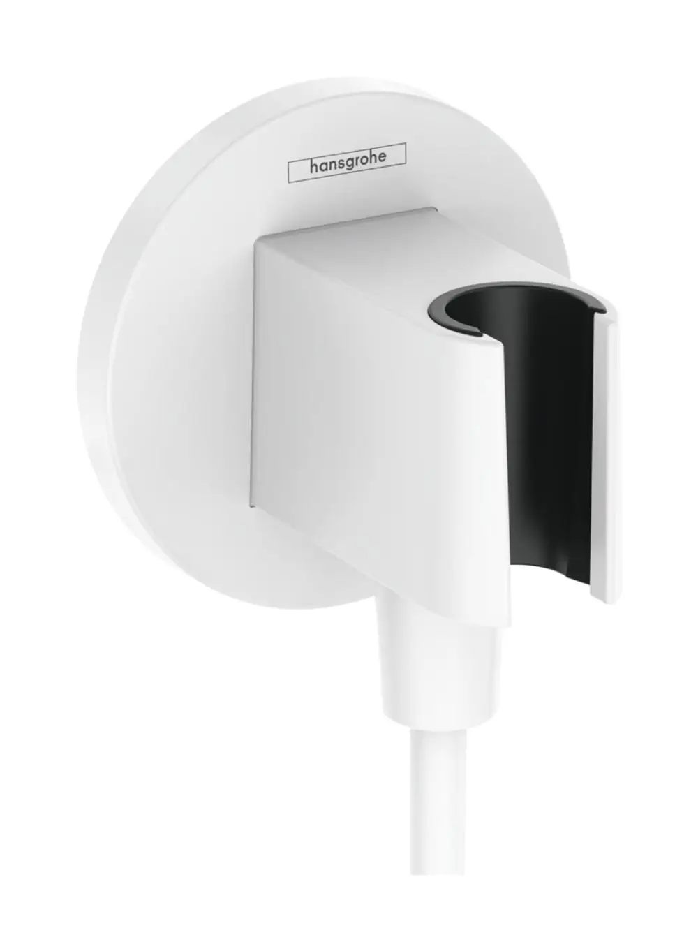 Wandanschluss mit Brausehalter in Weiß von Hansgrohe, bestehend aus einer runden Wandplatte und einer Halterung für eine Handbrause.